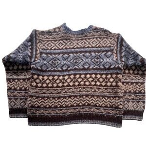 VTG J Crew Wool Fair Isle Sweater Blue Brown Tan Nordic Knit Large vintage cozy